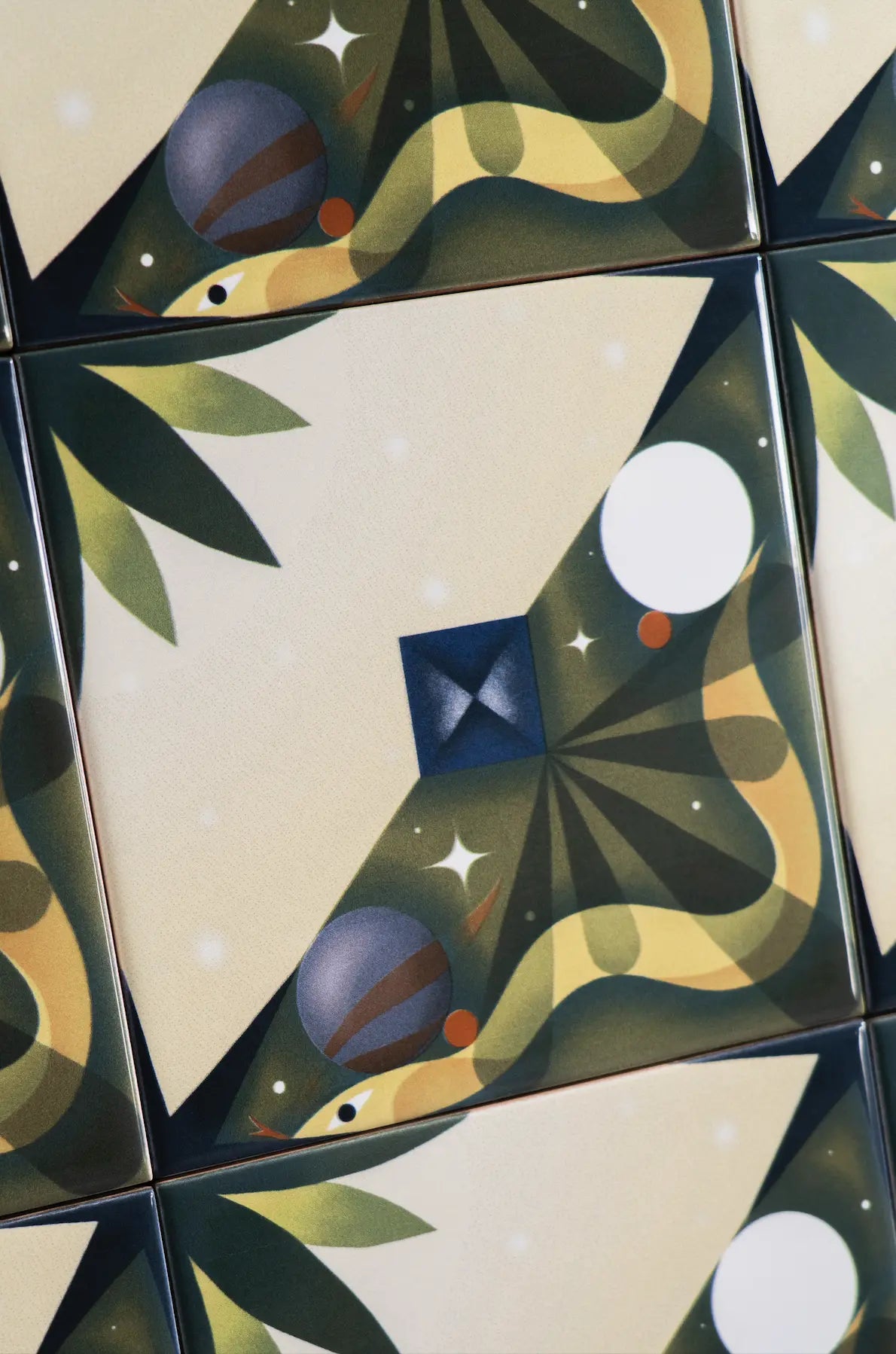 Close-up of Serpente geometric tile artwork by Clay with bold curves and star motifs – shop now at Clay